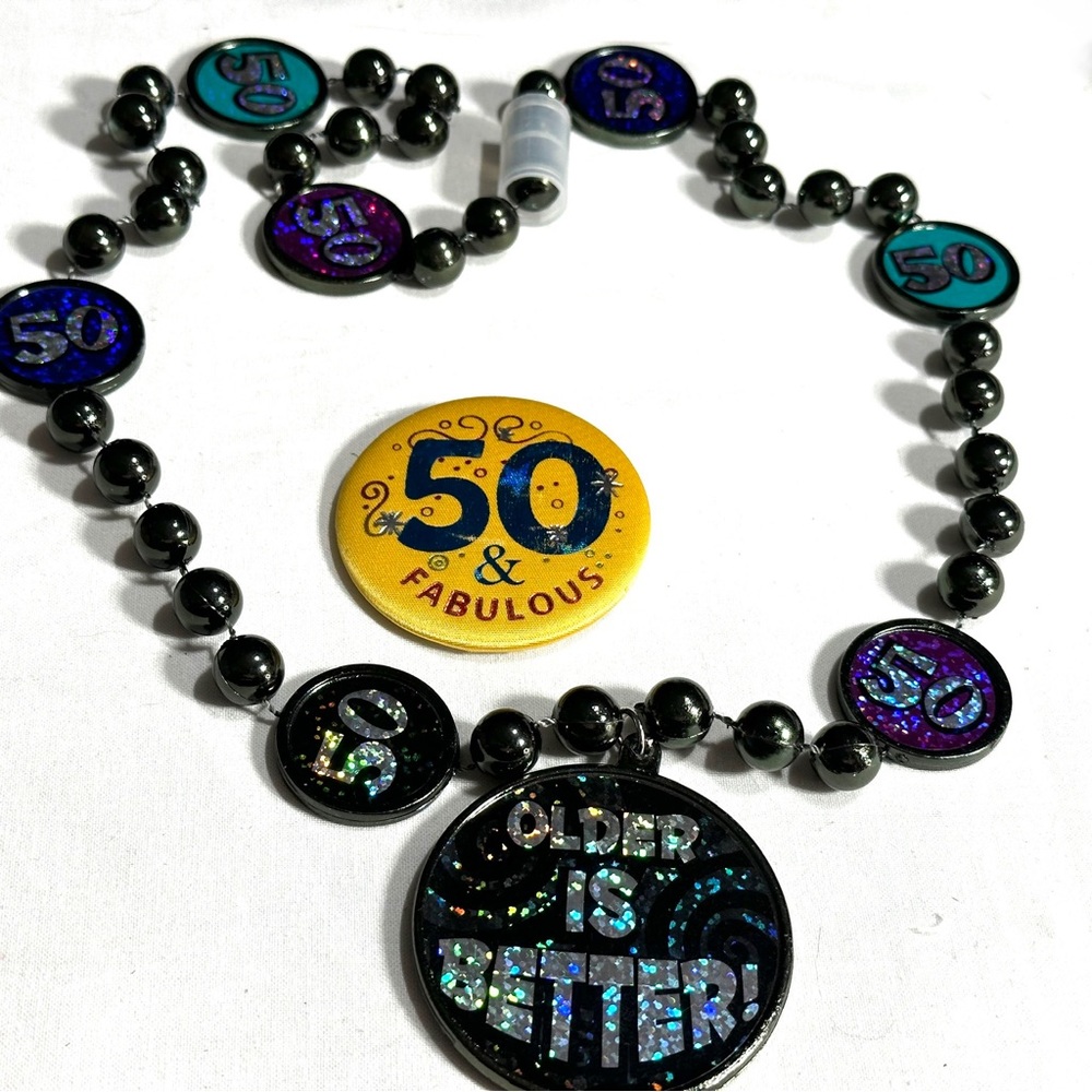 50 & Fabulous Necklace Pinback Button Older is Better Birthday Party Gift